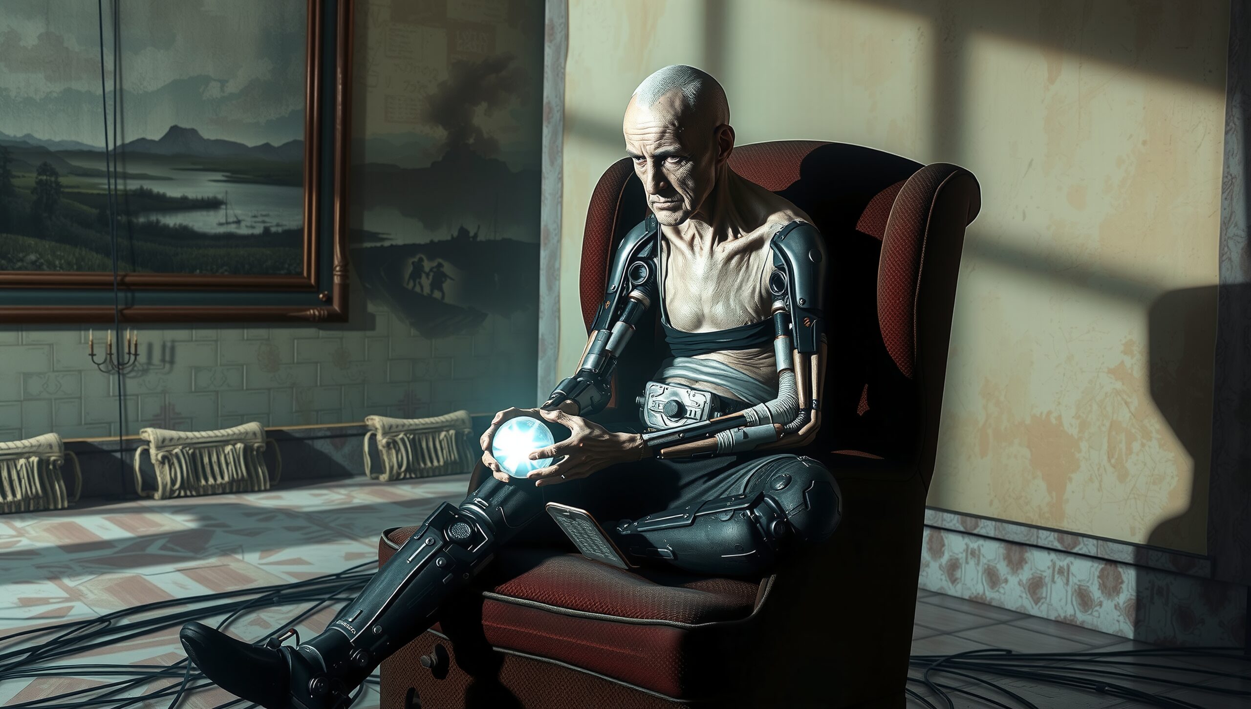 Cyborg Elder Holds Glowing Orb