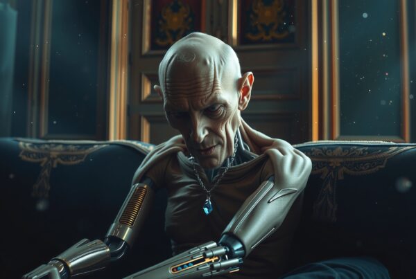 Futuristic humanoid with mechanical arms seated on an ornate sofa.
