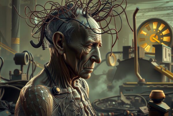 Elderly cyborg with wires in steampunk-inspired industrial setting.
