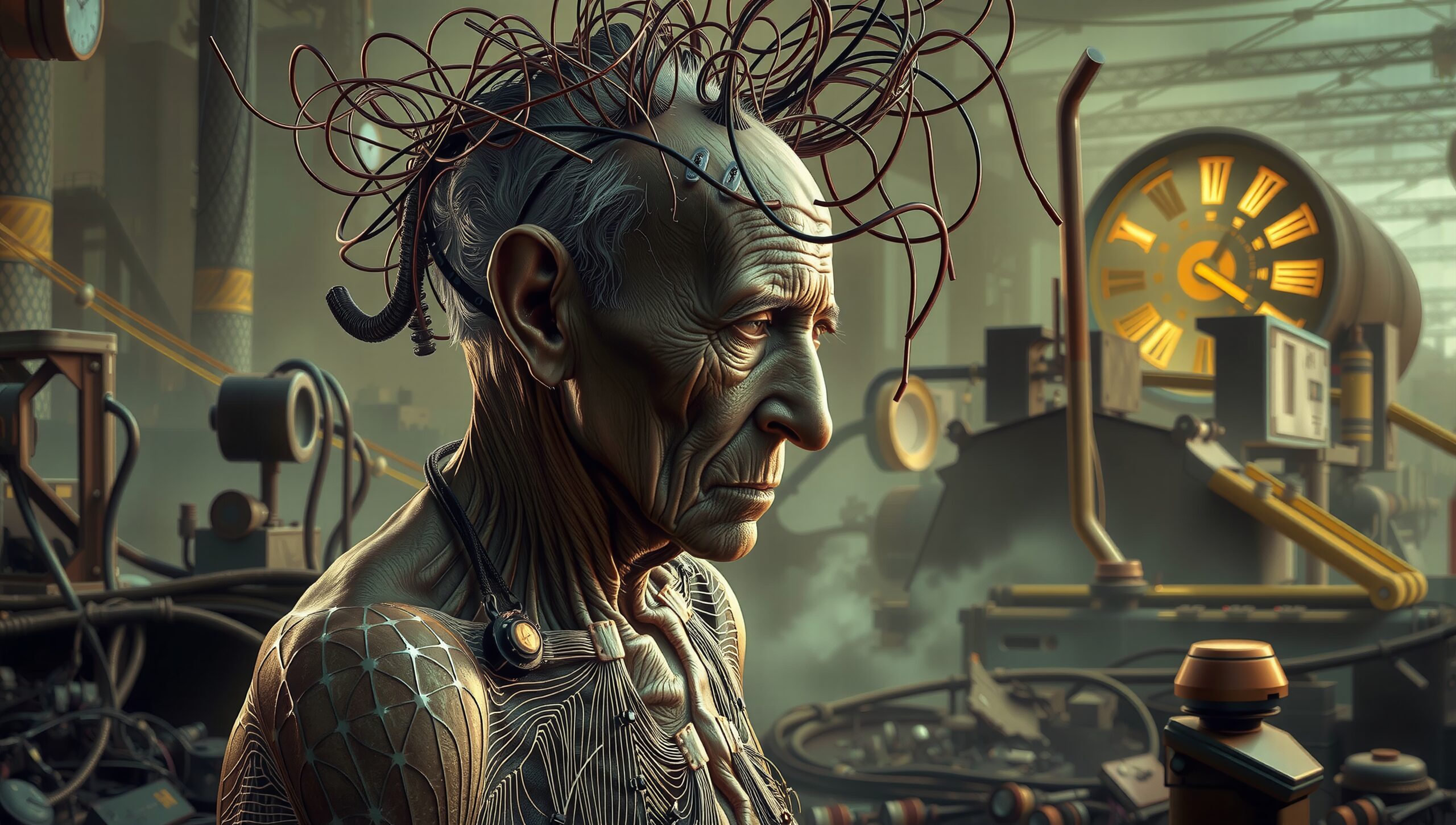 Cybernetic Elder in Industrial Setting