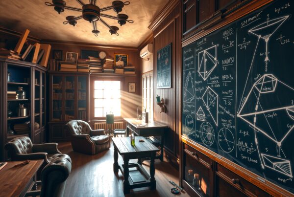 Warm sunlight in a classic study with bookshelves and a math-filled blackboard.