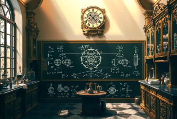 A vintage laboratory with ornate cabinets, glassware, and chalkboard filled with equations under soft natural light.