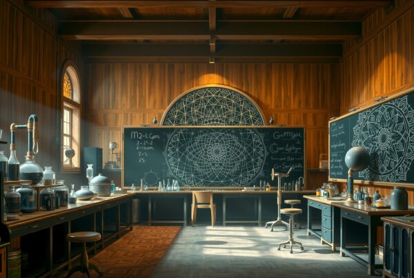 A sunlit laboratory with chalkboards, glassware, and intricate geometric drawings conveys a historic academic atmosphere.