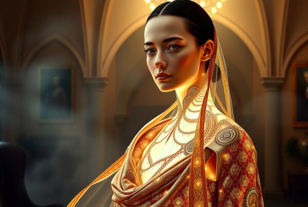 A woman in glowing, ornate attire stands in a Gothic hall, exuding serenity and elegance amidst a blend of historical and futuristic elements.
