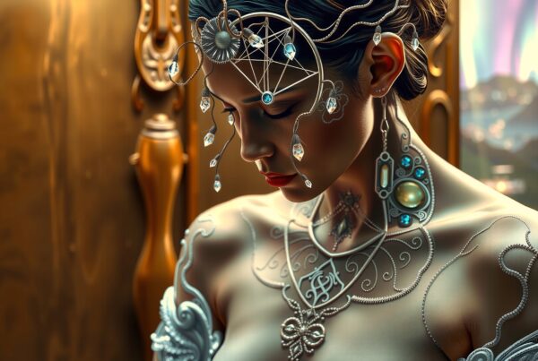 Image of a woman with ornate crystal headpiece and intricate jewelry, blending elegance with a futuristic aesthetic, set against a warm, blurred background.