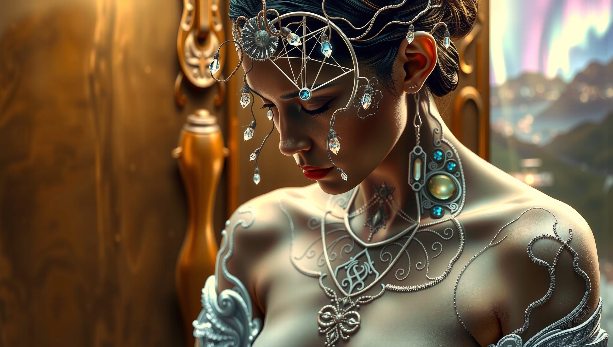 Crystal-adorned futuristic woman portrait