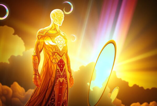 A luminous humanoid figure surrounded by glowing clouds and crescent moons emits radiant, colorful light in a mystical scene.
