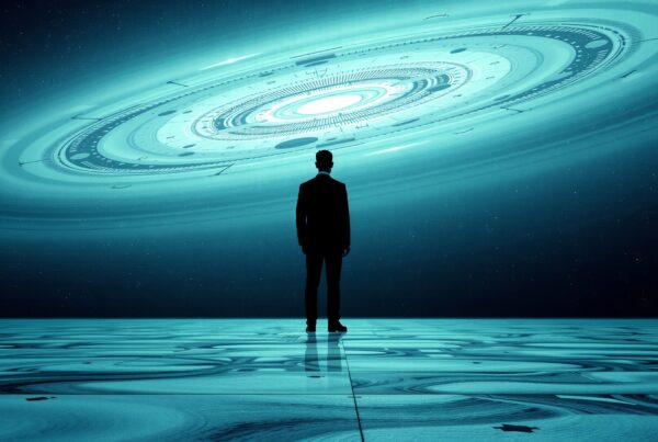 A silhouetted figure faces a glowing circular structure in a cosmic, futuristic environment.