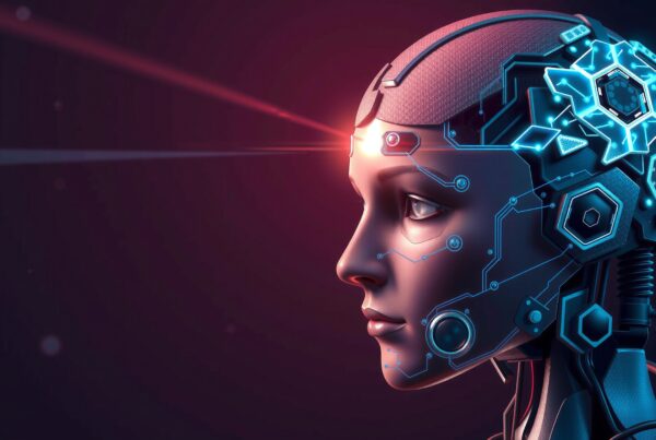 A futuristic robot head with illuminated blue circuitry and a red laser beam projecting from its forehead, set against a dark background.