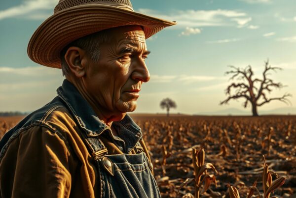 A contemplative farmer stands in a sunlit field with a solitary tree silhouetted against the azure sky, embodying resilience and connection to the land.