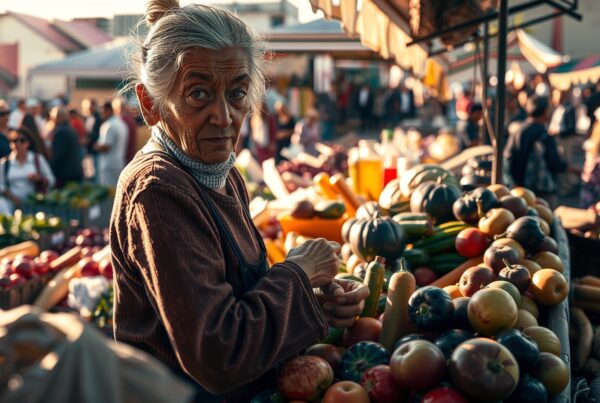 An elderly woman at a market stall sells colorful vegetables under the warm sunlight.