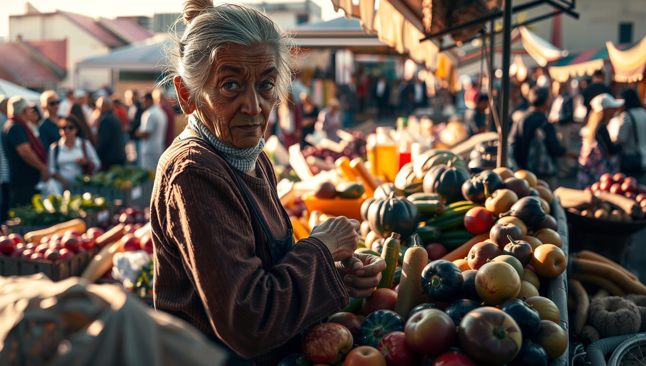 Elderly Vendor at Busy Market