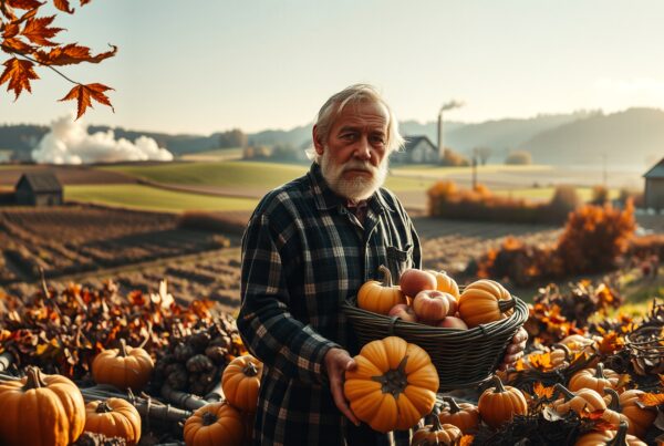 Elderly farmer holding basket of pumpkins and apples in autumn countryside setting.