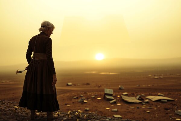 Elderly woman silhouetted against sunset in a desert landscape.