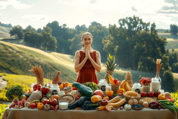 A woman celebrates nature's bounty with an abundant table of fruits and vegetables against a serene landscape.