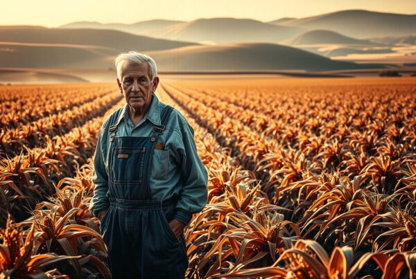An elderly farmer stands in a vast cornfield under a warm sunset.