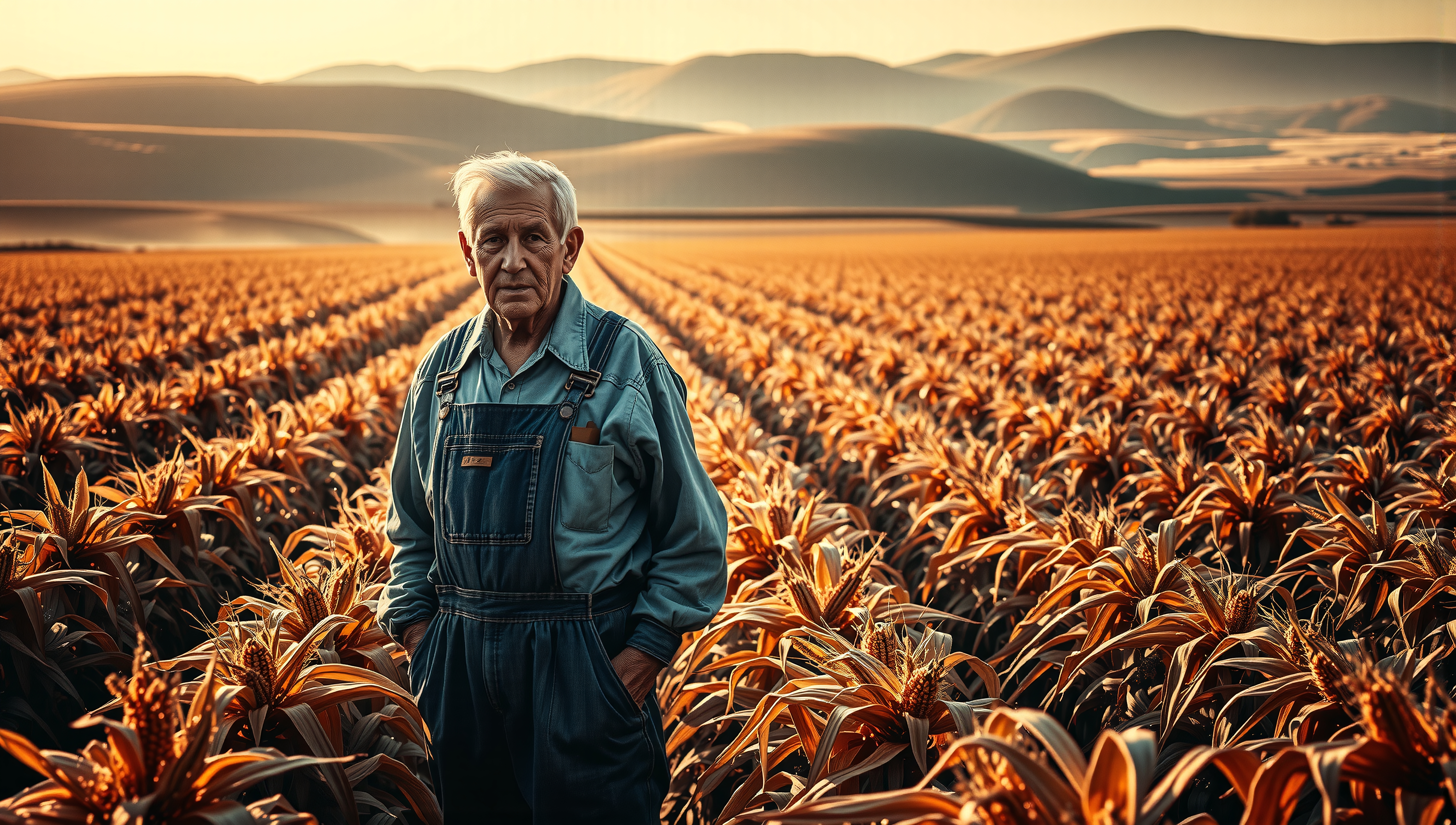 Elderly Farmer in Cornfield Landscape