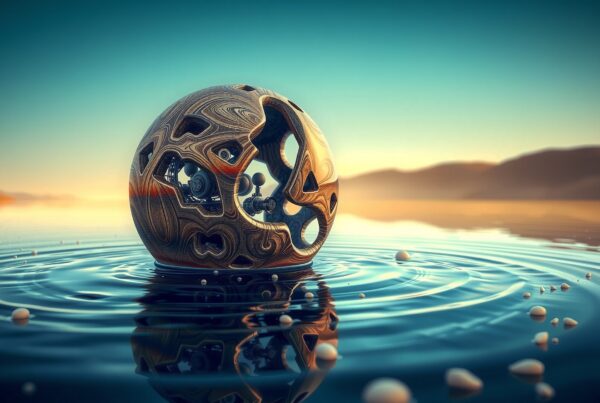 A futuristic geometric sphere floats on tranquil water, reflecting light and nature in harmony.