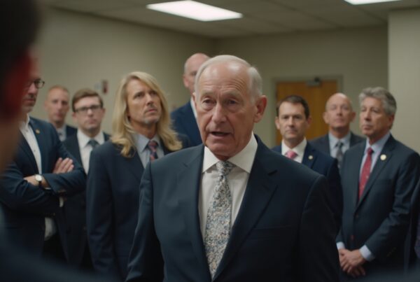 A group of men in suits attentively listening during a formal meeting.