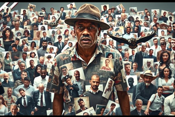 A man in a photo collage shirt stands surrounded by a diverse crowd holding photographs, with birds above.