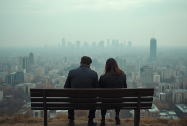 Couple sitting on bench overlooking foggy city skyline, creating a calm and introspective scene.