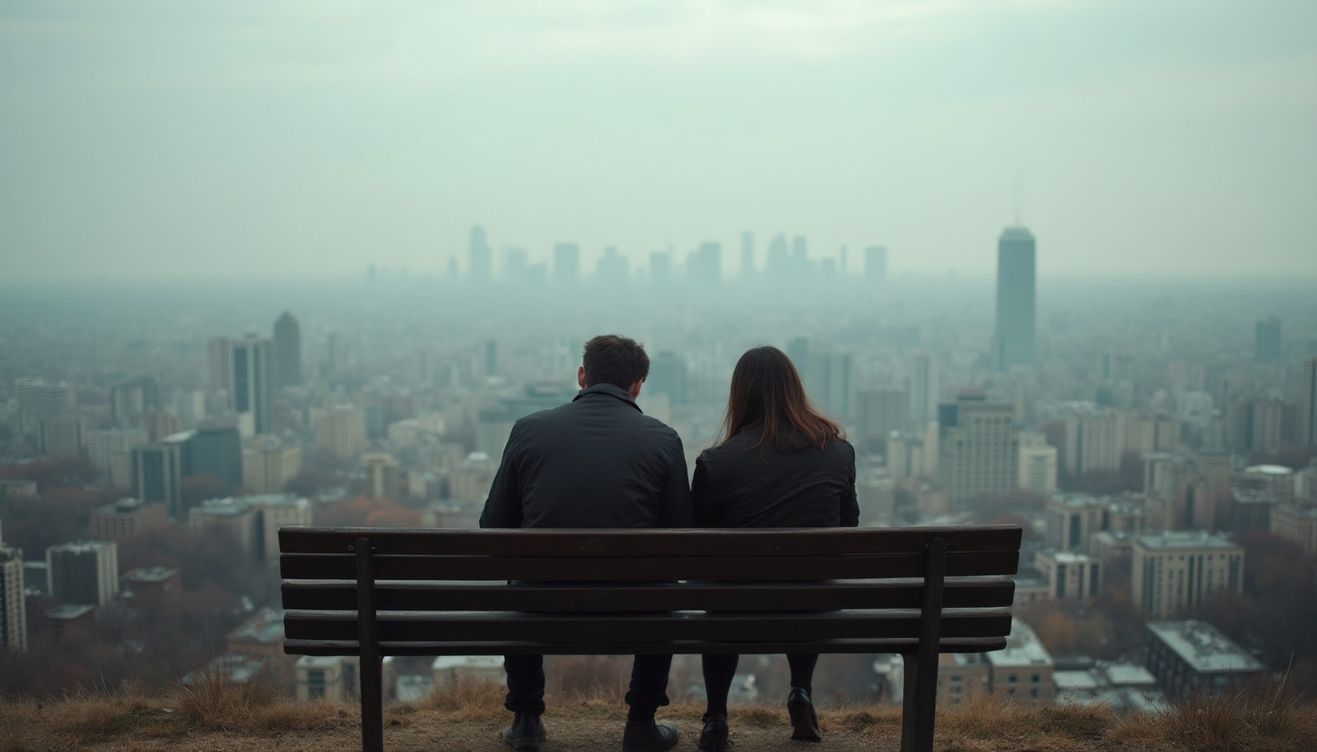 Couple Overlooking Foggy Cityscape