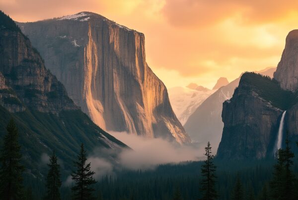 Scenic sunrise view of a majestic valley with towering cliffs, a flowing waterfall, lush forests, and distant snow-capped peaks bathed in golden light.