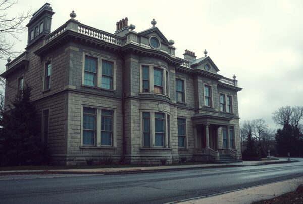 Victorian mansion with intricate stone architecture framed by bare winter trees under an overcast sky, creating a dramatic and atmospheric scene.