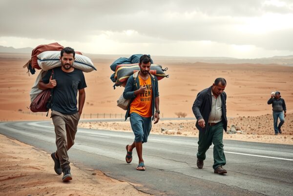 Men walking along desert road carrying heavy bundles under a cloudy sky.