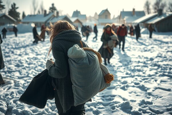 People walking through snow in a village, carrying bags and bundled in winter clothing, with houses and trees in the background.