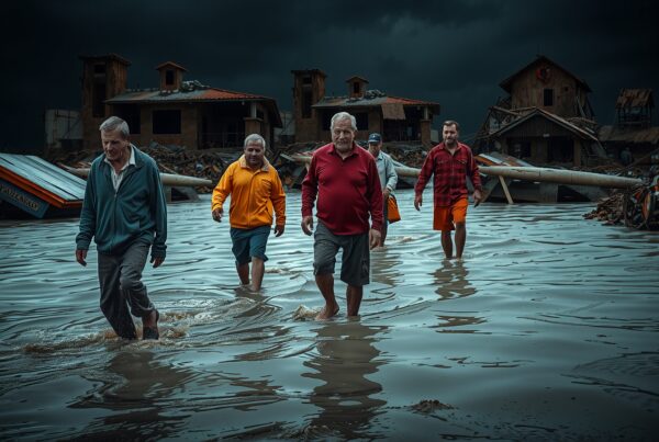 Five men wade through floodwaters amid debris, showcasing resilience and strength against a stormy, devastated backdrop.