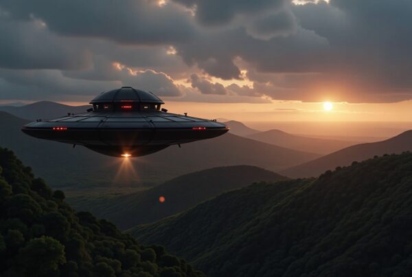 A UFO hovering over a tranquil mountain landscape during sunset.
