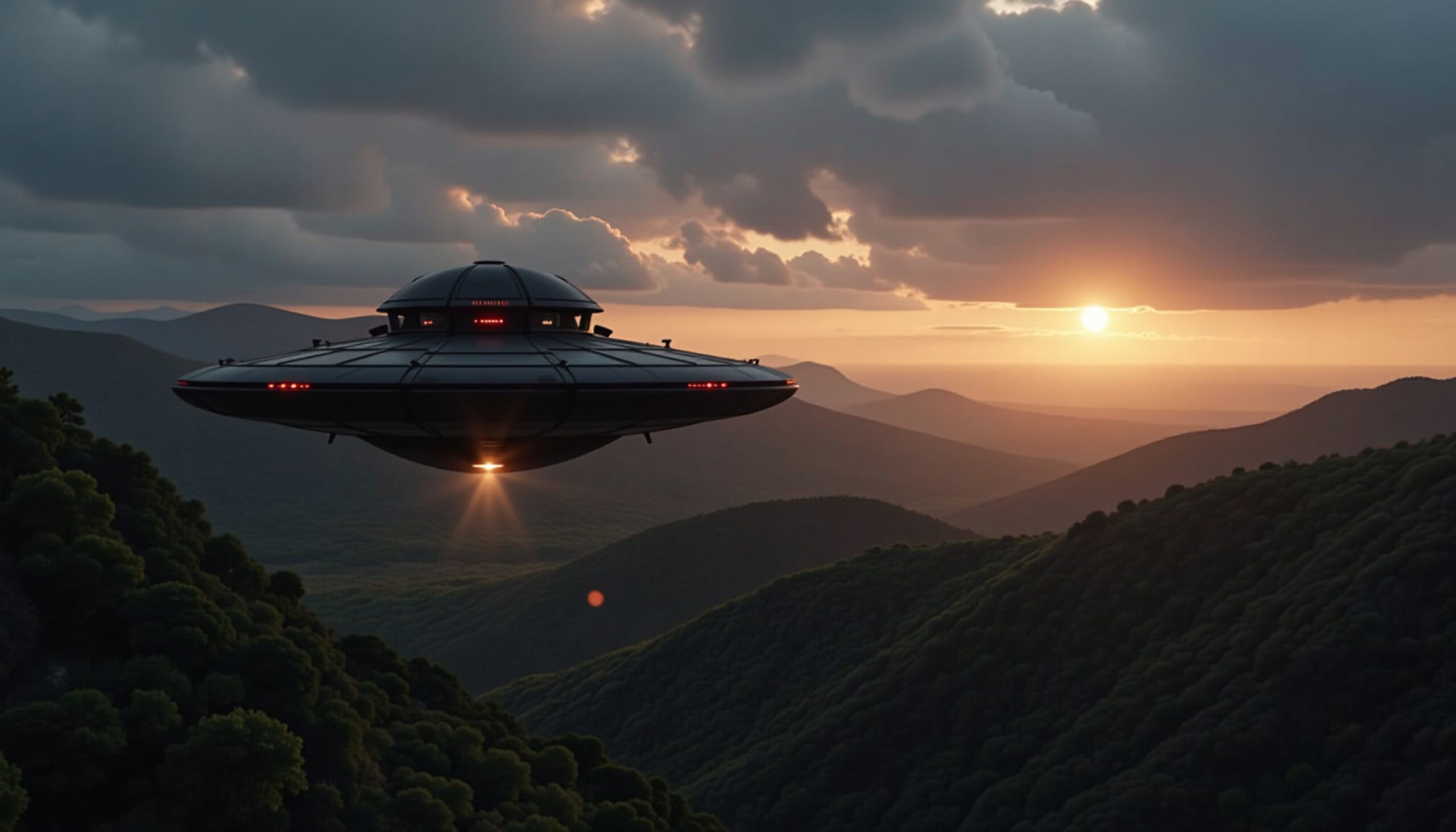 UFO Hovering Over Mountain Landscape