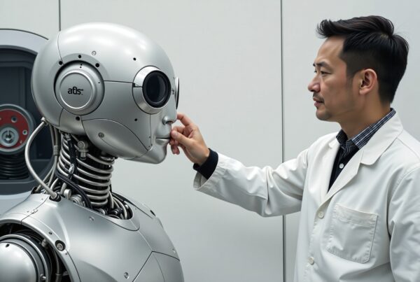 A scientist examines a silver humanoid robot in a laboratory setting, highlighting human-robot interaction in technology.