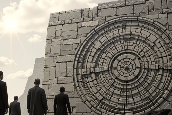 A group of individuals stand before a massive stone structure with an intricate circular design, symbolizing mystery and exploration.