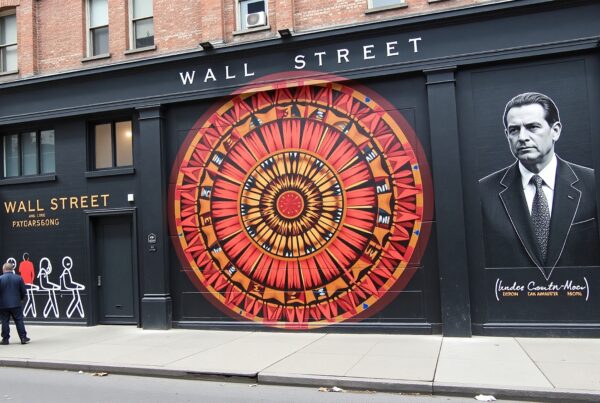 Wall Street mural with vibrant circular pattern and grayscale portrait in urban setting.