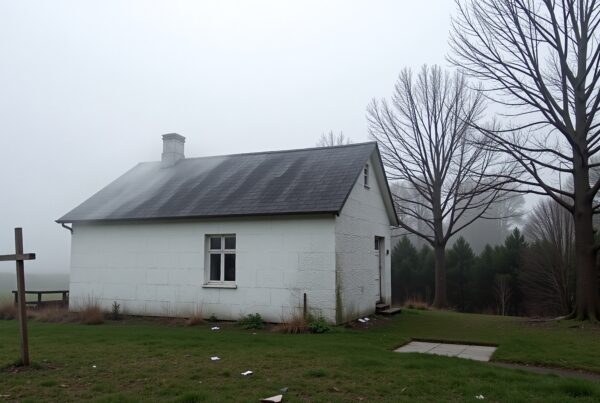 A foggy landscape featuring a small white chapel with a wooden cross, surrounded by grass and bare trees.