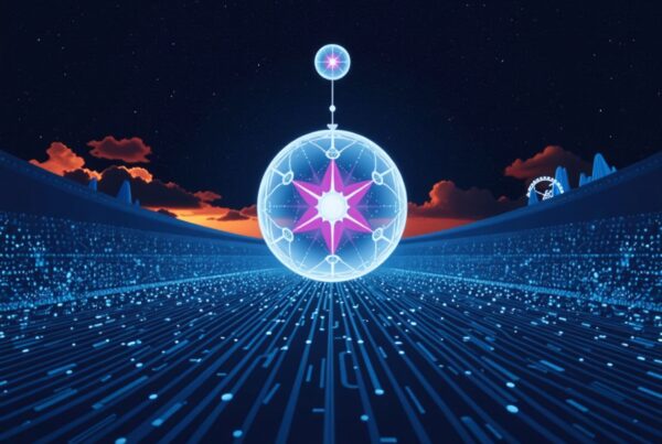 Futuristic night landscape with glowing digital sphere.