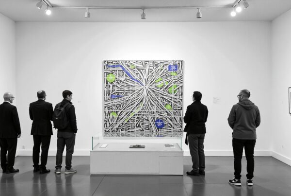 People observing abstract painting at gallery.