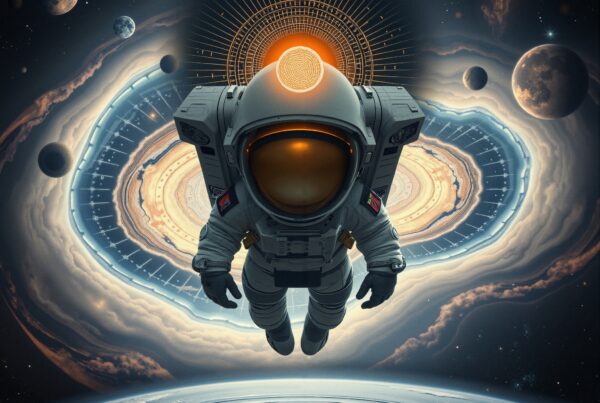 Astronaut floating in vivid cosmic space surrounded by planets and cosmic patterns.