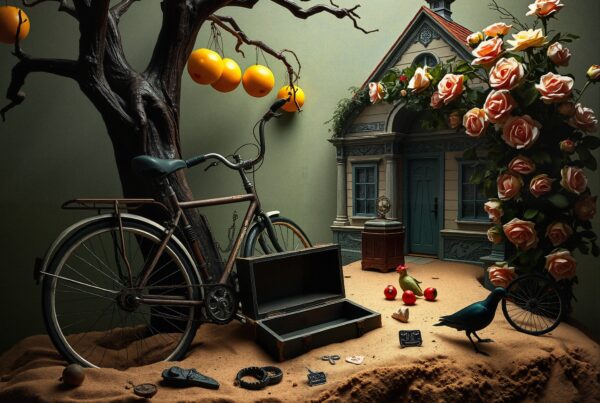 A vintage bicycle and ornate house in whimsical garden scene.