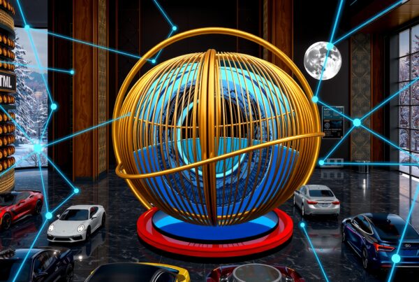 Futuristic showroom with luxury cars, golden globe, and snowy landscape.