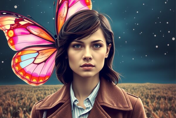 Woman with butterfly wings in a dreamy field under a starry sky.