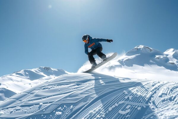 A snowboarder jumps on a snowy mountain with a clear blue sky.