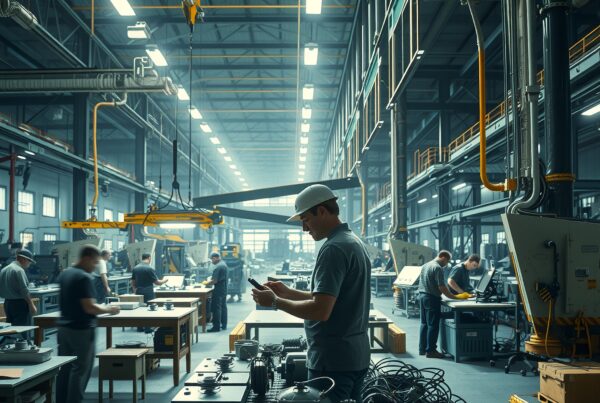 Industrial factory scene with workers, machinery, and equipment.