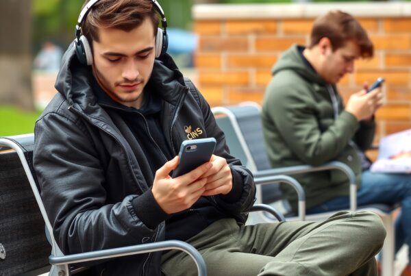 Two young men using smartphones in a park setting, engrossed in their devices.