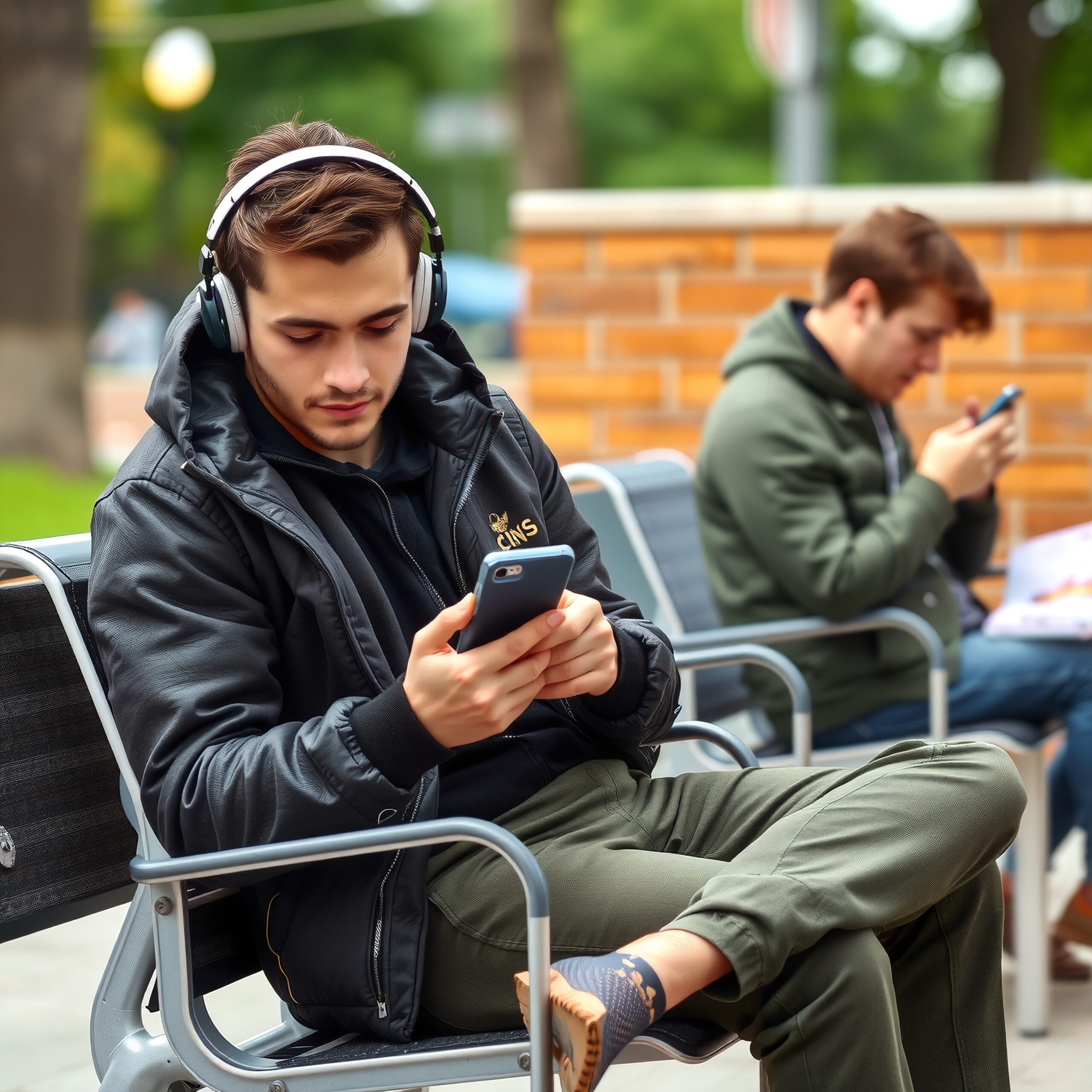 Young men engrossed in smartphones