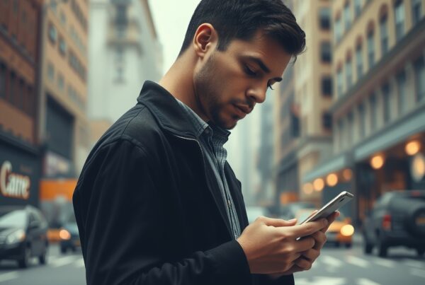 A young man absorbed in his smartphone amidst a bustling urban cityscape.