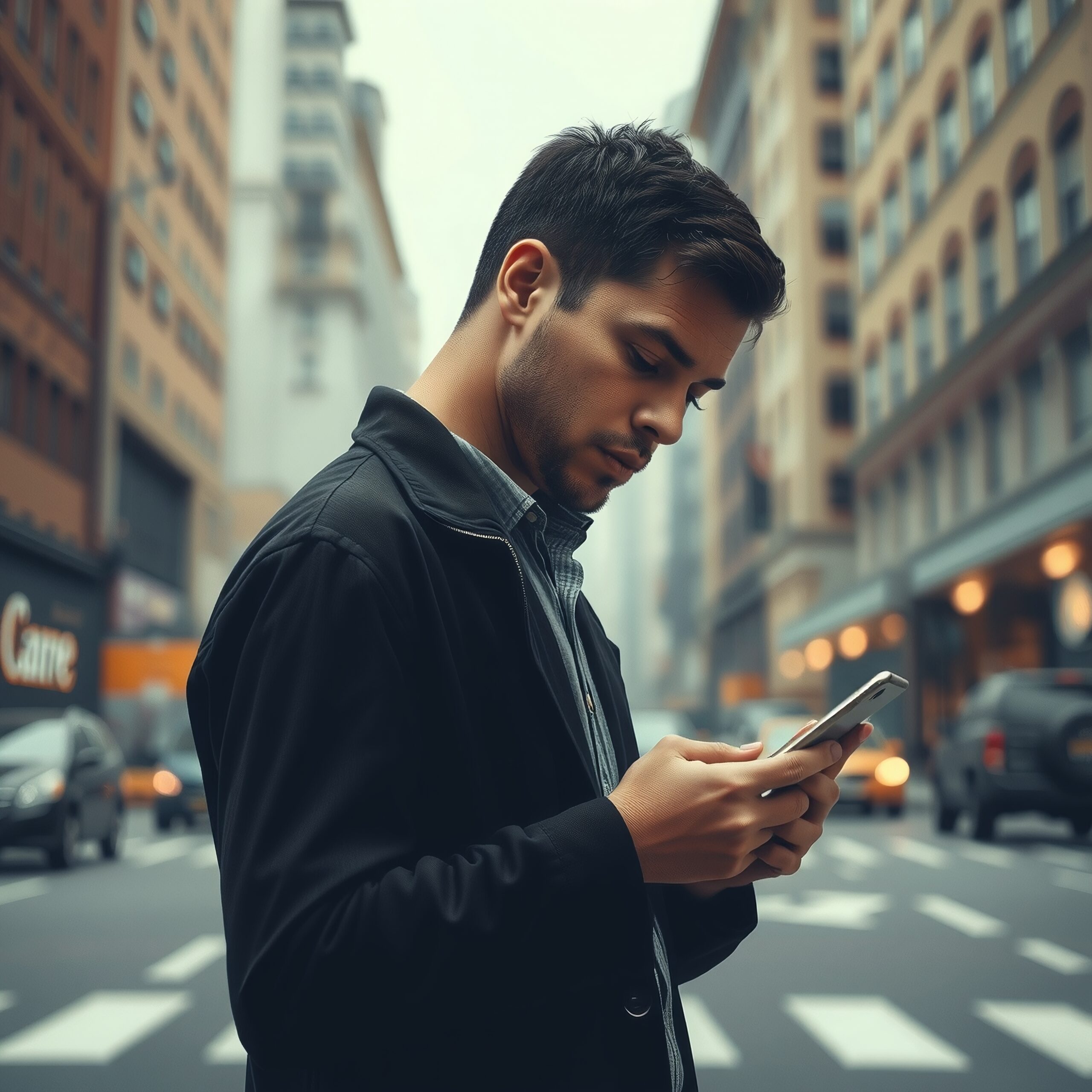 Urban man engrossed in smartphone