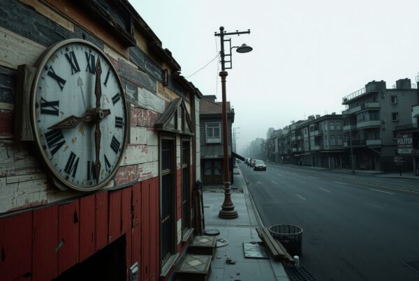 A vintage street clock on a quiet urban street lined with buildings.